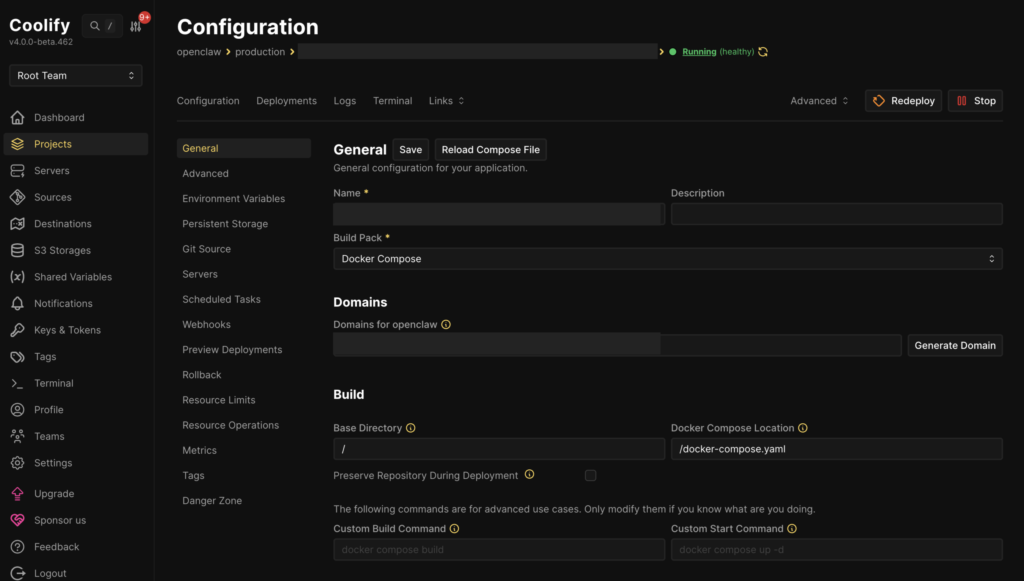 Coolify backend for installing openclaw