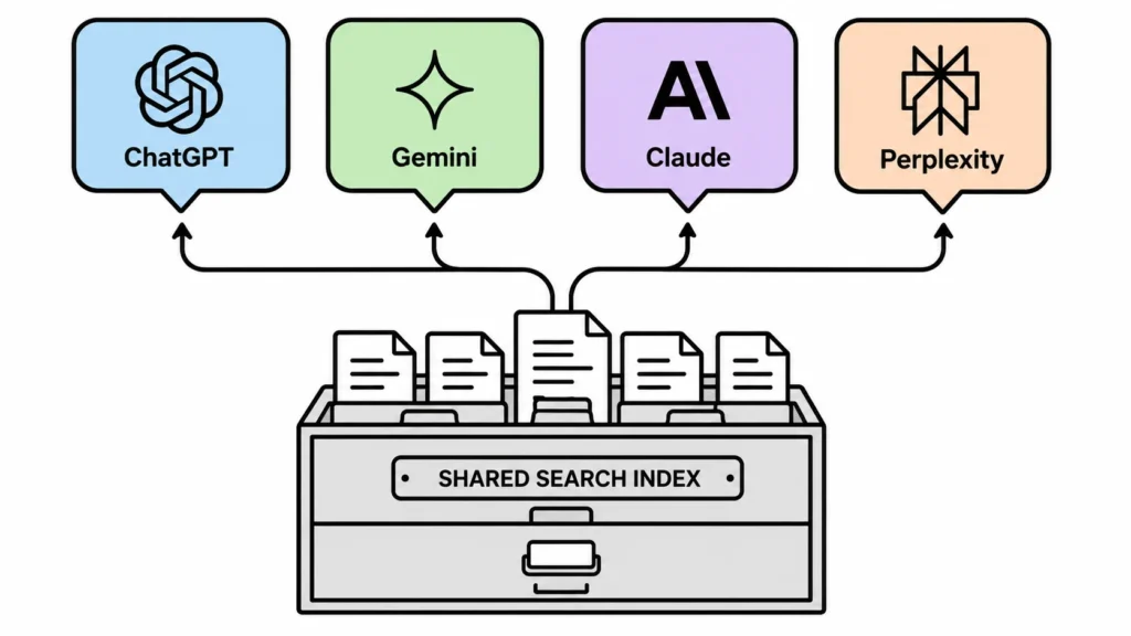 How GEO works showing AI engines retrieving brand mentions from a shared search index