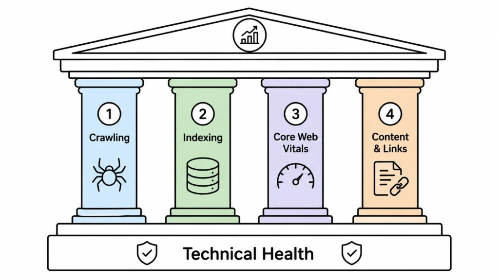 How Traditional SEO Works: 4 Pillars That Still Matter in 2026 1 How traditional SEO works with four pillars: crawling, indexing, Core Web Vitals, and content with links