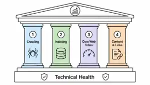 How traditional SEO works with four pillars: crawling, indexing, Core Web Vitals, and content with links